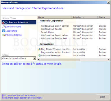 Manage Add-ons window in IE8