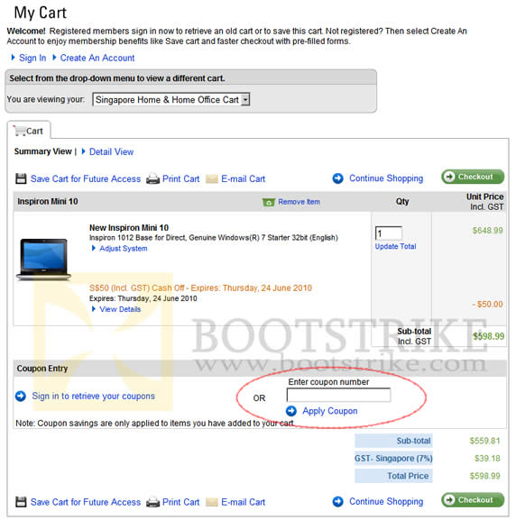 Dell Singapore Coupon Entry Box